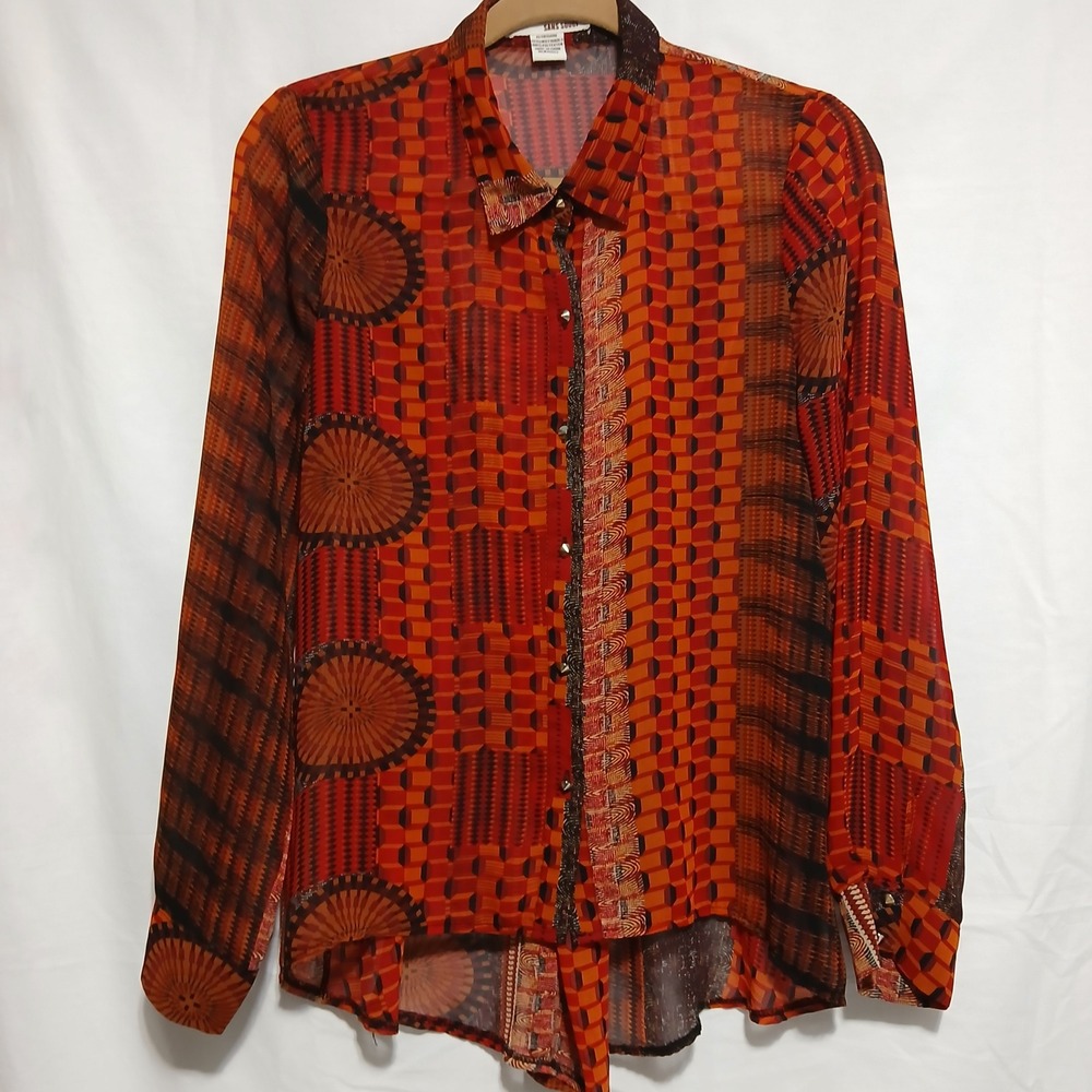 Sans Souci Sheer Blouse Geometric Print Long‎ Sleeve Button Down M